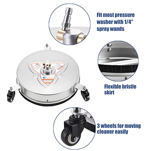 RIDGE WASHER 16 Inch Pressure Washer Surface Cleaner with Wheels, Stainless Steel Power Washer Accessory with 2 Extension Wands Attachment, 2 Replacement Nozzles, 4000 PSI