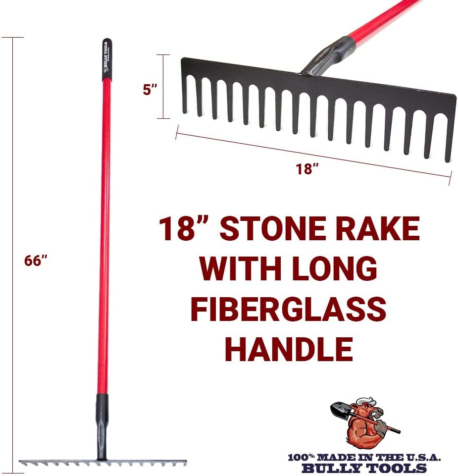Bully Tools 92369 18" Stone Rake with Long Fiberglass Handle