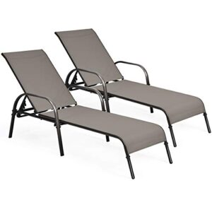 tangkula patio chaise lounge, recliner outdoor lounger chair w/adjustable backrest, reclining chair w/heavy duty steel frame, suitable for beach, yard, balcony, poolside (2, brown)