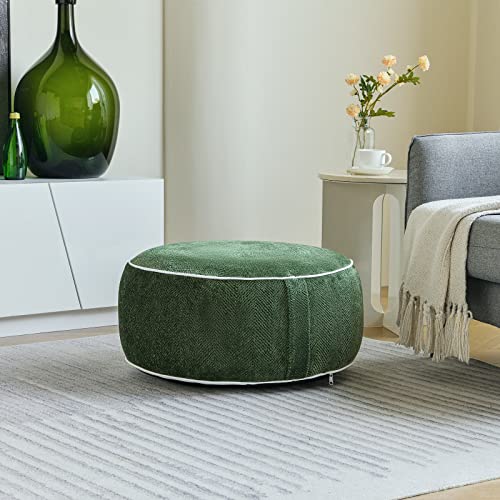 weruisi Stuffed Pouf Ottoman, 21x10 Inches Chenille Ottoman with Inflatable PVC Liner, Foot Rest with Portable Handle, Round Floor Pillow for Living Room, Bedroom, Kids Room (Green)