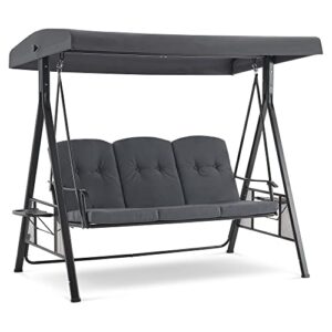 mcombo 3 seat patio swings with canopy, outdoor porch swing chair with stand, adjustable canopy swing sets for backyard, poolside, balcony 4092 (dark grey)