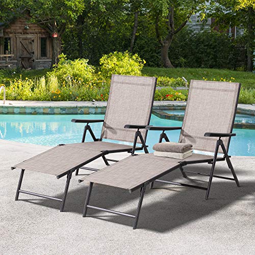 Meilocar Outdoor Lounge Chairs Set of 2, Lightweight Portable Folding Reclining Chaise Lounge Set Texilene Patio Chair Recliner with Adjustablef Backrest and Legs for Beach Yard and Poolside