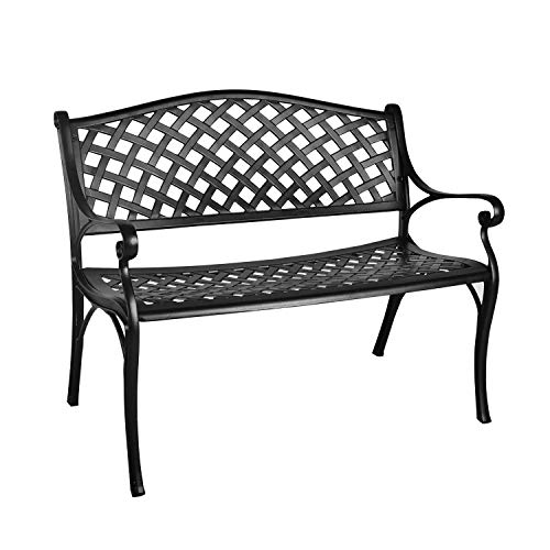 LEISU 41” Outdoor Garden Bench All-Weather Cast Aluminum Porch Loveseat Chair for Patio Park Path Yard Lawn Work Entryway Decor Deck (Black)