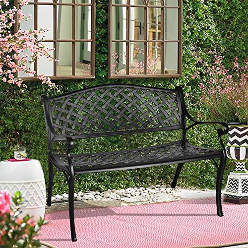 LEISU 41” Outdoor Garden Bench All-Weather Cast Aluminum Porch Loveseat Chair for Patio Park Path Yard Lawn Work Entryway Decor Deck (Black)