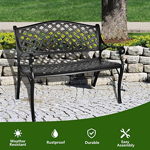 LEISU 41” Outdoor Garden Bench All-Weather Cast Aluminum Porch Loveseat Chair for Patio Park Path Yard Lawn Work Entryway Decor Deck (Black)