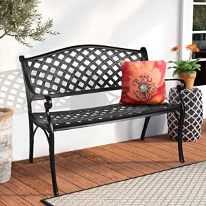 LEISU 41” Outdoor Garden Bench All-Weather Cast Aluminum Porch Loveseat Chair for Patio Park Path Yard Lawn Work Entryway Decor Deck (Black)