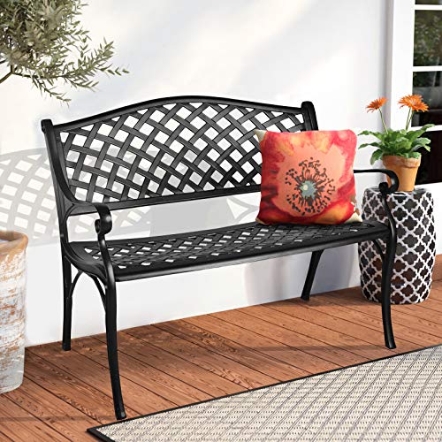 LEISU 41” Outdoor Garden Bench All-Weather Cast Aluminum Porch Loveseat Chair for Patio Park Path Yard Lawn Work Entryway Decor Deck (Black)