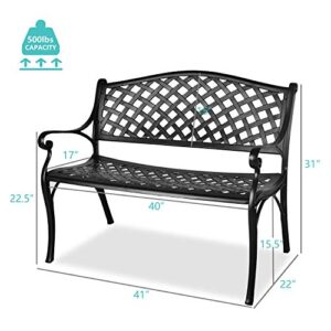 LEISU 41” Outdoor Garden Bench All-Weather Cast Aluminum Porch Loveseat Chair for Patio Park Path Yard Lawn Work Entryway Decor Deck (Black)