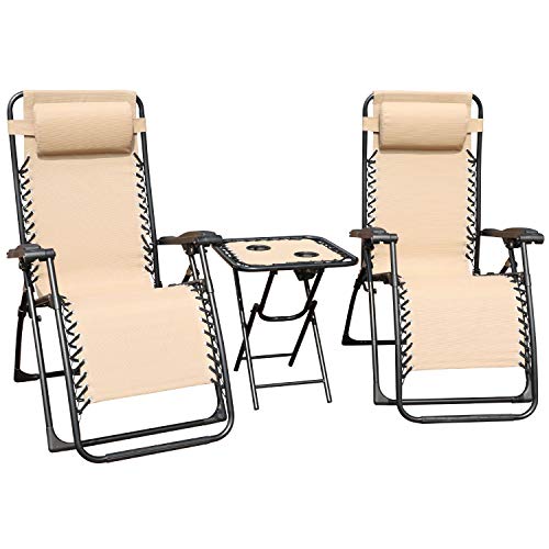 GOLDSUN 3 PCS Zero Gravity Chair Foldable Patio Chaise Lounge Chairs Outdoor Adjustable Recliner Folding Lounge Table Chair Set for Backyard Porch and Swing Poolside (Beige)