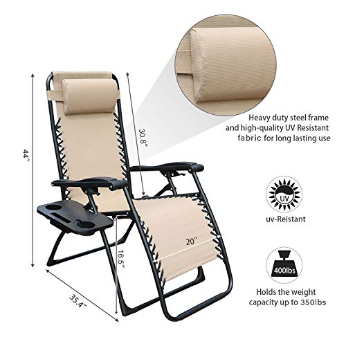 GOLDSUN 3 PCS Zero Gravity Chair Foldable Patio Chaise Lounge Chairs Outdoor Adjustable Recliner Folding Lounge Table Chair Set for Backyard Porch and Swing Poolside (Beige)