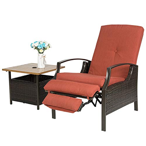 HollyHOME Patio Wicker Adjustable Recliner Chair, Relaxing Lounge Chair with Thick Spunpoly Cushion, Water Resistant, Red