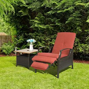 HollyHOME Patio Wicker Adjustable Recliner Chair, Relaxing Lounge Chair with Thick Spunpoly Cushion, Water Resistant, Red