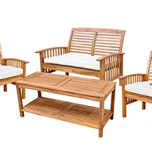 Walker Edison Rendezvous Modern 4 Piece Solid Acacia Wood Slatted Patio Chat Set with Cushions, Set of 4, Brown