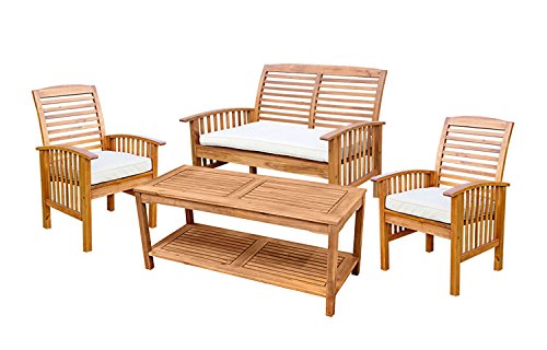 Walker Edison Rendezvous Modern 4 Piece Solid Acacia Wood Slatted Patio Chat Set with Cushions, Set of 4, Brown