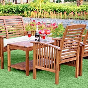 Walker Edison Rendezvous Modern 4 Piece Solid Acacia Wood Slatted Patio Chat Set with Cushions, Set of 4, Brown