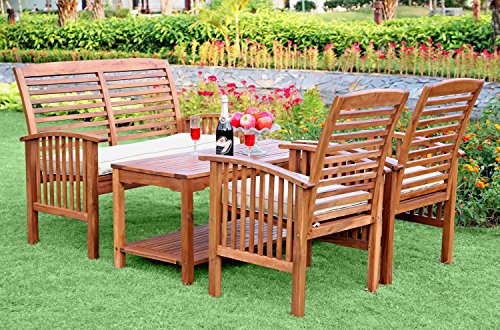 Walker Edison Rendezvous Modern 4 Piece Solid Acacia Wood Slatted Patio Chat Set with Cushions, Set of 4, Brown