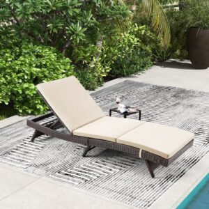 Vicluke Patio Chaise Lounge Chair, Outdoor Rattan Wicker Reclining Chaise with Adjustable Backrest and Removable Cushion, Pool Lounge Chair Sun Lounger for Poolside, Balcony, Garden (1 Piece, Khaki)