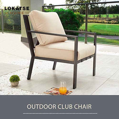 LOKATSE HOME Outdoor Club Chair Patio Metal Dining Sofa with Steel Frame for Porch, Deck, Poolside, Beige Cushions