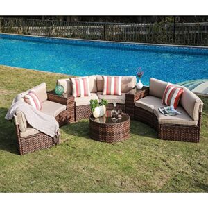 sunsitt outdoor patio 9-piece half moon curved furniture sofa set brown wicker sectional sofa beige cushions with 2 side table and 4 pillows