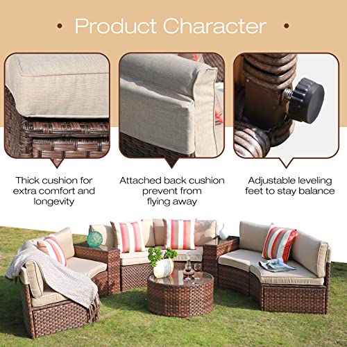 SUNSITT Outdoor Patio 9-Piece Half Moon Curved Furniture Sofa Set Brown Wicker Sectional Sofa Beige Cushions with 2 Side Table and 4 Pillows