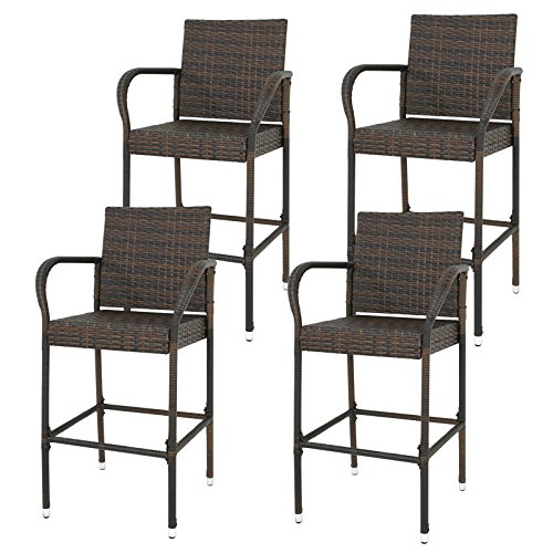 LEMY Outdoor Brown Wicker Rattan Bar Stool All-Weather Patio Furniture Chair Set with Armrest and Footrest (Set of 4)