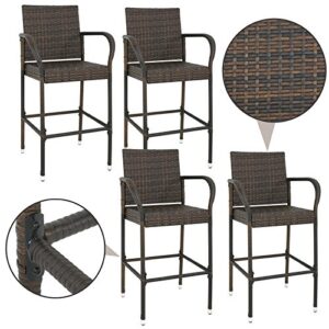 LEMY Outdoor Brown Wicker Rattan Bar Stool All-Weather Patio Furniture Chair Set with Armrest and Footrest (Set of 4)