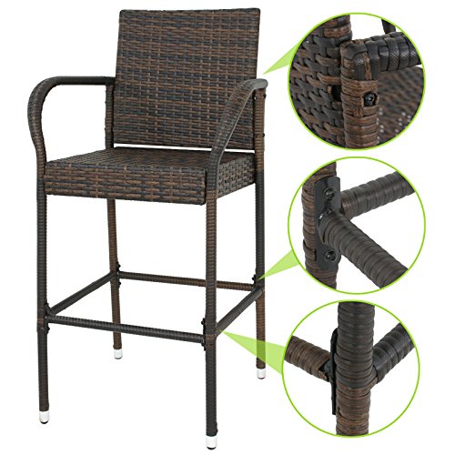LEMY Outdoor Brown Wicker Rattan Bar Stool All-Weather Patio Furniture Chair Set with Armrest and Footrest (Set of 4)