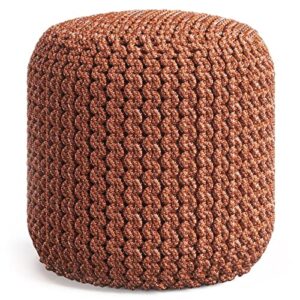 pemberly row round pouf ottoman, small hand knitted hassock footrest for living room, cotton woven bean bag foot stool for couch, orange cloth puff chair for floor, 18″x18″x18″