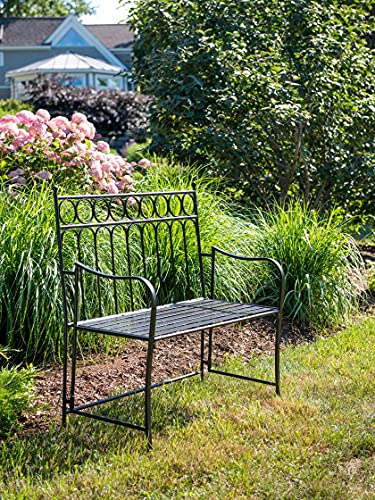 Gardener's Supply Company Oxford Folding Garden Bench | Sturdy Metal Frame Outdoor Portable Bench with Side Armrest for Patio, Lawn, Yard & Flower Gardens | Fits 2-Person (17.5" W x 40.5" L x 41" H)