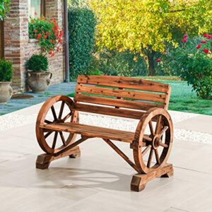 lokatse home wooden wagon wheel bench 2-person outdoor rustic chair country yard with backrest, burnt-finished