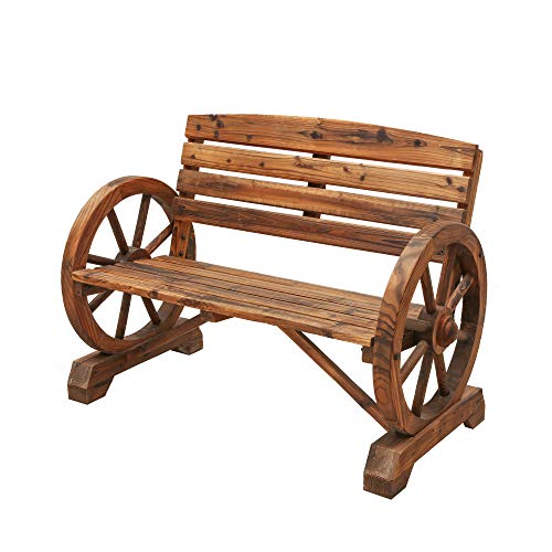 LOKATSE HOME Wooden Wagon Wheel Bench 2-Person Outdoor Rustic Chair Country Yard with Backrest, Burnt-Finished