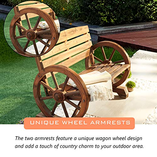 LOKATSE HOME Wooden Wagon Wheel Bench 2-Person Outdoor Rustic Chair Country Yard with Backrest, Burnt-Finished