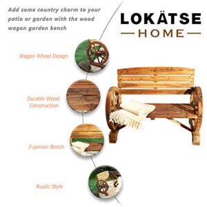 LOKATSE HOME Wooden Wagon Wheel Bench 2-Person Outdoor Rustic Chair Country Yard with Backrest, Burnt-Finished