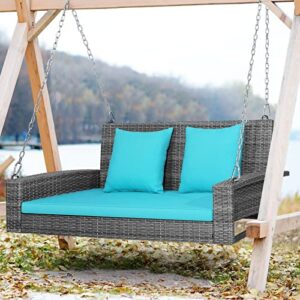 uiiaiouiaio 2-person wicker hanging porch swing bench, front porch swing outdoor chair with cushions 800lbs weight capacity for backyard, garden (turquoise)