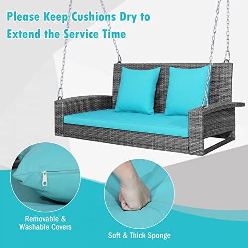 UIIAIOUIAIO 2-Person Wicker Hanging Porch Swing Bench, Front Porch Swing Outdoor Chair with Cushions 800lbs Weight Capacity for Backyard, Garden (Turquoise)