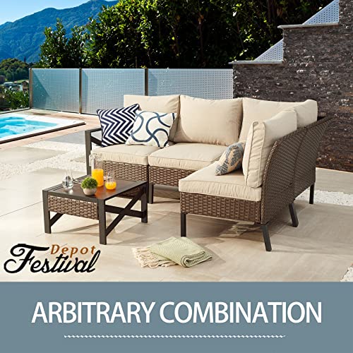 Festival Depot 1 Pc Patio Wicker Rattan Sectional Corner Sofa Seat Outdoor Chair Furniture with Thick Cushions and Metal Frame for Deck Porch Poolside Garden