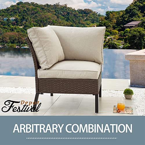 Festival Depot 1 Pc Patio Wicker Rattan Sectional Corner Sofa Seat Outdoor Chair Furniture with Thick Cushions and Metal Frame for Deck Porch Poolside Garden