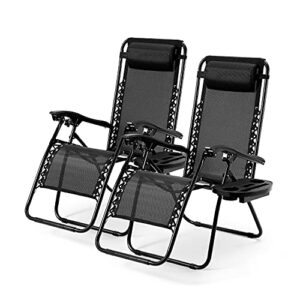 zero gravity chairs patio set of 2 reclining beach chair adjustable steel mesh lounge recliners w/pillows and cup holder trays for poolside, backyard, camping, black