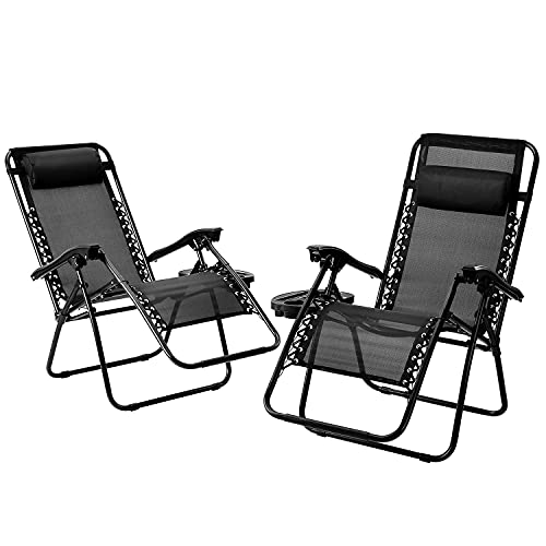 Zero Gravity Chairs Patio Set of 2 Reclining Beach Chair Adjustable Steel Mesh Lounge Recliners w/Pillows and Cup Holder Trays for Poolside, Backyard, Camping, Black