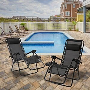 Zero Gravity Chairs Patio Set of 2 Reclining Beach Chair Adjustable Steel Mesh Lounge Recliners w/Pillows and Cup Holder Trays for Poolside, Backyard, Camping, Black