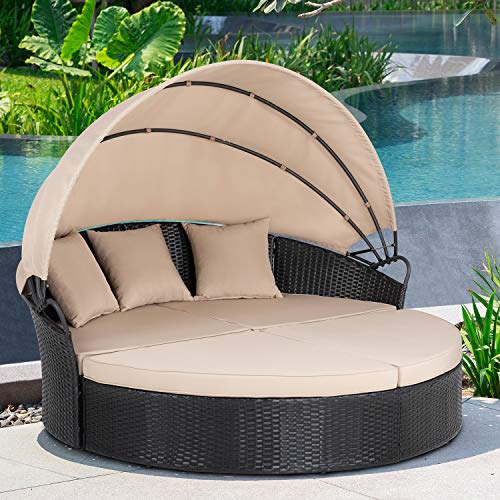 JY QAQA Patio Furniture Outdoor Lawn Backyard Poolside Garden Round Daybed with Retractable Canopy Wicker Rattan Sectional Round Sofa, Seating Separates Cushioned Seats Beige…