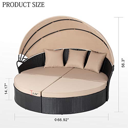 JY QAQA Patio Furniture Outdoor Lawn Backyard Poolside Garden Round Daybed with Retractable Canopy Wicker Rattan Sectional Round Sofa, Seating Separates Cushioned Seats Beige…