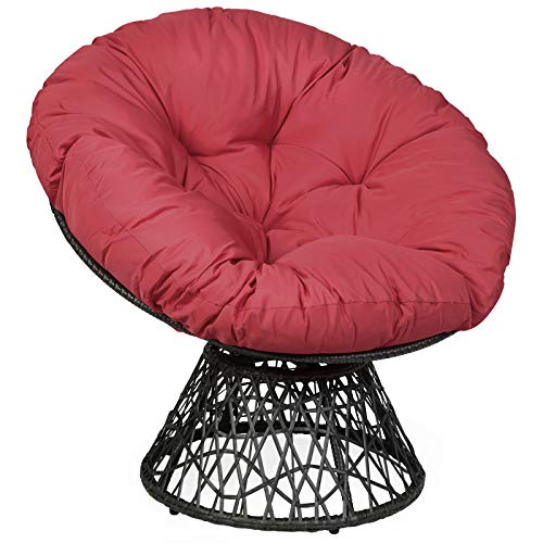 Giantex Rattan Round Papasan Chair, 360-Degree Swivel Egg Chair with Soft Cushion, Living Room Chair Leisure Chair with Gray Frame Indoor Outdoor Use (Burgundy)