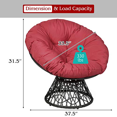 Giantex Rattan Round Papasan Chair, 360-Degree Swivel Egg Chair with Soft Cushion, Living Room Chair Leisure Chair with Gray Frame Indoor Outdoor Use (Burgundy)