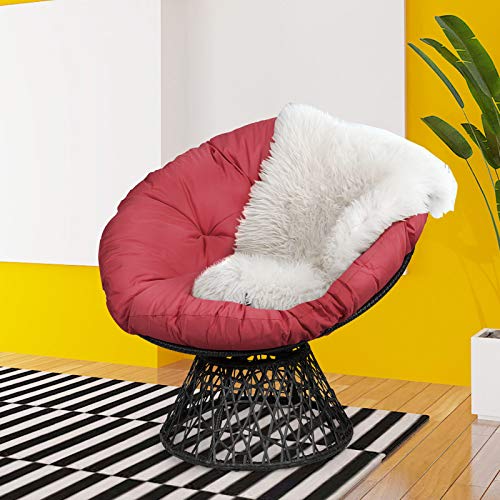 Giantex Rattan Round Papasan Chair, 360-Degree Swivel Egg Chair with Soft Cushion, Living Room Chair Leisure Chair with Gray Frame Indoor Outdoor Use (Burgundy)