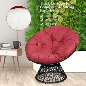 Giantex Rattan Round Papasan Chair, 360-Degree Swivel Egg Chair with Soft Cushion, Living Room Chair Leisure Chair with Gray Frame Indoor Outdoor Use (Burgundy)