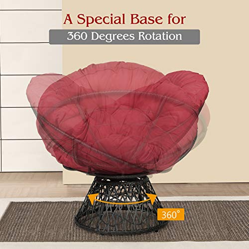 Giantex Rattan Round Papasan Chair, 360-Degree Swivel Egg Chair with Soft Cushion, Living Room Chair Leisure Chair with Gray Frame Indoor Outdoor Use (Burgundy)