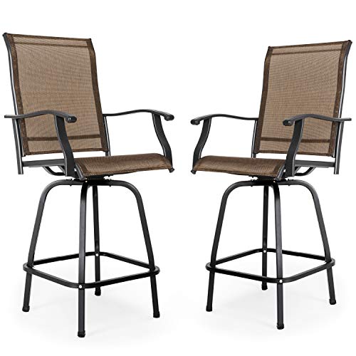 Nuu Garden Outdoor Swivel Bar Stools Set of 2, All-Weather Textilene Bar Height Patio Chairs with Armrests for Balcony and Sunroom, Black and Brown