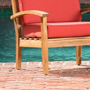 Christopher Knight Home Peyton Outdoor Wooden Club Chairs with Cushions, 2-Pcs Set, Teak Finish / Red