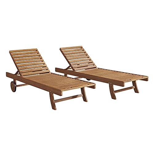 2-Pack Caspian Adjustable Eucalyptus Wood Outdoor Lounge Chairs with Weather-Resistant Durability (Furniture 73" W x 24"D x 12 1/2"H 5 Reclining Positions)